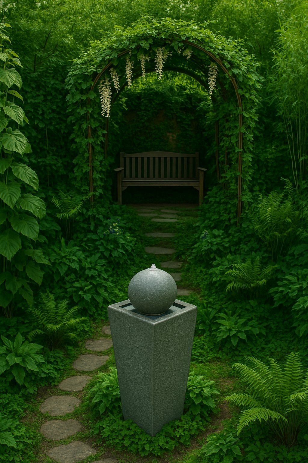 Garden Fountain with LED Lighting – Sphere & Column Design, Self-Contained for Outdoor Use